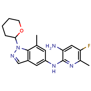 Chemical structure of 5-fluoro-6-methyl-N2-(7-methyl-1-(tetrahydro-2H-pyran-2-yl)-1H-indazol-5-yl)pyridine-2,3-diamine , AChemBlock AD253233
