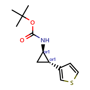 Chemical structure of trans-tert-butyl 2-(thiophen-3-yl)cyclopropylcarbamate , CAS 2382899-25-2, AChemBlock AD253250