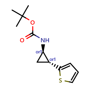 Chemical structure of trans-tert-butyl 2-(thiophen-2-yl)cyclopropylcarbamate , AChemBlock AD253251