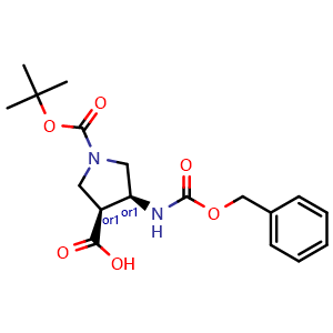 Chemical structure of cis-4-Benzyloxycarbonylamino-pyrrolidine-1,3-dicarboxylic acid 1-tert-butyl ester , CAS 1016259-89-4, AChemBlock AD253256