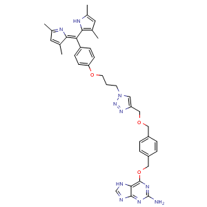 Chemical structure of (Z)-6-((4-(((1-(3-(4-((3,5-Dimethyl-1H-pyrrol-2-yl)(3,5-dimethyl-2H-pyrrol-2-ylidene)methyl)phenoxy)propyl)-1H-1,2,3-triazol-4-yl)methoxy)methyl)benzyl)oxy)-7H-purin-2-amine , AChemBlock AD253266