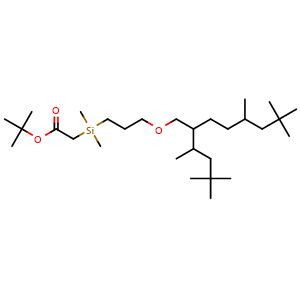 Chemical structure of tert-Butyl 2-((3-((2-(4,4-dimethylpentan-2-yl)-5,7,7-trimethyloctyl)oxy)propyl)dimethylsilyl)acetate , AChemBlock AD253267