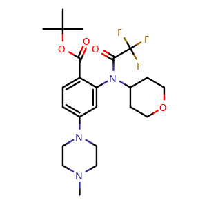 Chemical structure of 4-(4-Methylpiperazin-1-yl)-2-[(tetrahydropyran-4-yl)(2,2,2-trifluoroacetyl)amino]benzoic acid tert-butyl ester , CAS 1034975-53-5, AChemBlock AD253285