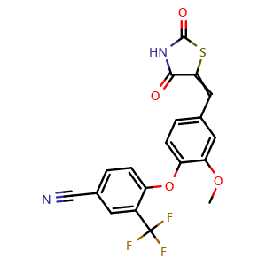 Chemical structure of 4-(4-((2,4-Dioxothiazolidin-5-ylidene)methyl)-2-methoxyphenoxy)-3-(trifluoromethyl)benzonitrile , CAS 1055361-35-7, AChemBlock AD253288