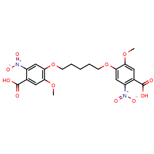 Chemical structure of 4-[5-(4-carboxy-2-methoxy-5-nitrophenoxy)pentoxy]-5-methoxy-2-nitrobenzoic acid , CAS 145325-48-0, AChemBlock AD253296