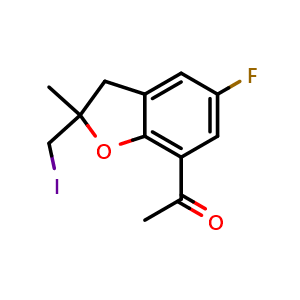 Chemical structure of 1-[5-Fluoro-2,3-dihydro-2-(iodomethyl)-2-methyl-7-benzofuranyl]ethanone , CAS 2556808-05-8, AChemBlock AD253313