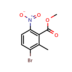 Chemical structure of 3-Bromo-2-methyl-6-nitro-benzoic acid methyl ester , CAS 894351-65-6, AChemBlock AD253456