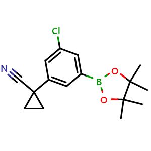 Chemical structure of 3-Chloro-5-(1-cyano-1-cyclopropyl)phenylboronic acid, pinacol ester , CAS 1256360-48-1, AChemBlock AD253461