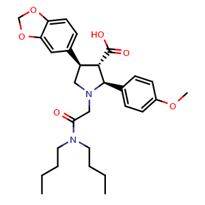 Chemical structure of (2S,3S,4R)-4-(1,3-Benzodioxol-5-yl)-1-[2-(dibutylamino)-2-oxoethyl]-2-(4-methoxyphenyl)-3-pyrrolidinecarboxylic acid , CAS 173864-34-1, AChemBlock AD253566