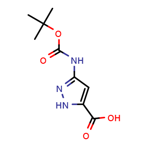 Chemical structure of 3-{[(tert-butoxy)carbonyl]amino}-1H-pyrazole-5-carboxylic acid , CAS 1347130-57-7, AChemBlock AD253587