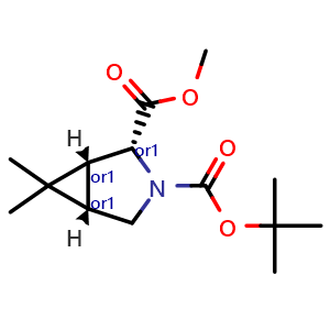 Chemical structure of rel-3-(1,1-Dimethylethyl) 2-methyl (1R,2R,5S)-6,6-dimethyl-3-azabicyclo[3.1.0]hexane-2,3-dicarboxylate , CAS 1520072-70-1, AChemBlock AD253594