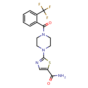 Chemical structure of 2-(4-(2-(Trifluoromethyl)benzoyl)piperazin-1-yl)thiazole-5-carboxamide , CAS 916888-66-9, AChemBlock AD253644