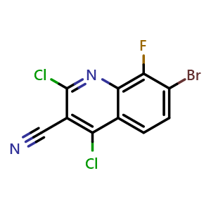 Chemical structure of 7-Bromo-2,4-dichloro-8-fluoro-quinoline-3-carbonitrile , CAS 2950122-02-6, AChemBlock AD253750