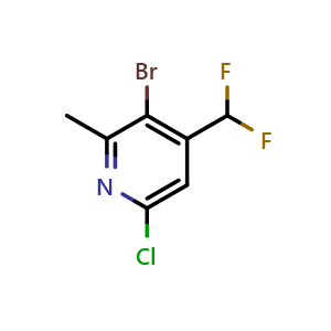 Chemical structure of 3-Bromo-6-chloro-4-difluoromethyl-2-methyl-pyridine , CAS 1806031-28-6, AChemBlock AD253754