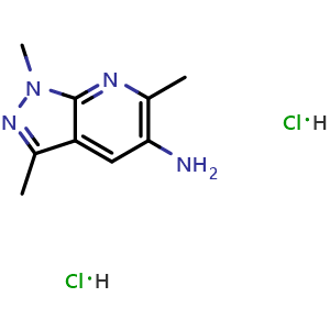 Chemical structure of 1,3,6-Trimethyl-1H-pyrazolo[3,4-b]pyridin-5-amine dihydrochloride , CAS 1909308-48-0, AChemBlock AD253858