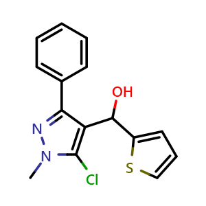 Chemical structure of (5-Chloro-1-methyl-3-phenyl-1H-pyrazol4-yl)(thiophen-2-yl)methanol , CAS 29939-18-2, AChemBlock AD253942