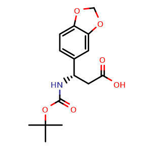 Chemical structure of (S)-3-(Benzo[d][1,3]dioxol-5-yl)-3-((tert-butoxycarbonyl)amino)propanoic acid , CAS 162240-67-7, AChemBlock AD254283
