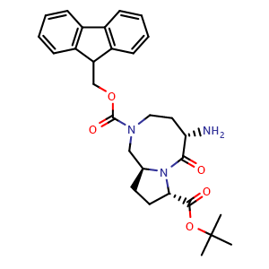 Chemical structure of 2-((9H-fluoren-9-yl)methyl) 8-(tert-butyl) (5S,8S,10aS)-5-amino-6-oxooctahydropyrrolo[1,2-a][1,4]diazocine-2,8(1H)-dicarboxylate , AChemBlock AD254526