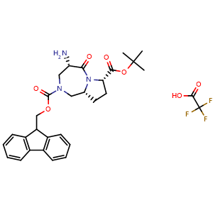Chemical structure of 2-((9H-fluoren-9-yl)methyl) 7-(tert-butyl) (4S,7S,9aR)-4-amino-5-oxohexahydro-1H-pyrrolo[1,2-a][1,4]diazepine-2,7(3H)-dicarboxylate 2,2,2-trifluoroacetate , AChemBlock AD254527