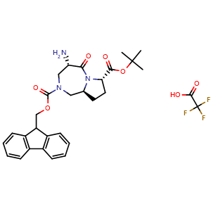 Chemical structure of 2-((9H-fluoren-9-yl)methyl) 7-(tert-butyl) (4S,7S,9aS)-4-amino-5-oxohexahydro-1H-pyrrolo[1,2-a][1,4]diazepine-2,7(3H)-dicarboxylate 2,2,2-trifluoroacetate , AChemBlock AD254528