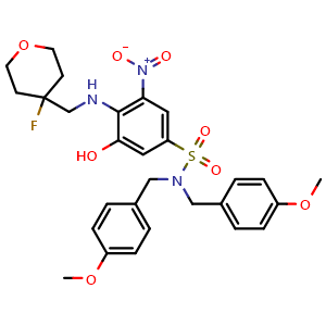 Chemical structure of 4-(((4-fluorotetrahydro-2H-pyran-4-yl)methyl)amino)-3-hydroxy-N,N-bis(4-methoxybenzyl)-5-nitrobenzenesulfonamide , AChemBlock AD254529