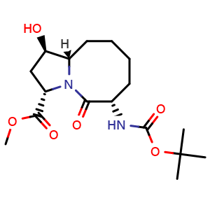 Chemical structure of methyl (1R,3S,6S,10aS)-6-((tert-butoxycarbonyl)amino)-1-hydroxy-5-oxodecahydropyrrolo[1,2-a]azocine-3-carboxylate , AChemBlock AD254530