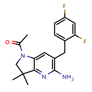 Chemical structure of 1-(5-amino-6-(2,4-difluorobenzyl)-3,3-dimethyl-2,3-dihydro-1H-pyrrolo[3,2-b]pyridin-1-yl)ethan-1-one , AChemBlock AD254535
