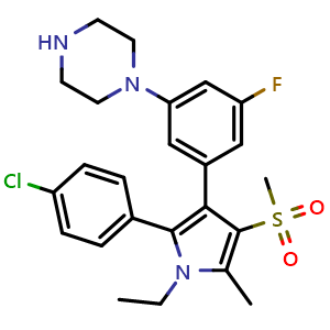 Chemical structure of 1-(3-(2-(4-chlorophenyl)-1-ethyl-5-methyl-4-(methylsulfonyl)-1H-pyrrol-3-yl)-5-fluorophenyl)piperazine , AChemBlock AD254538