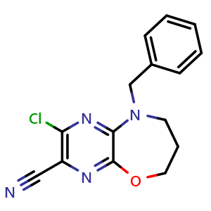 Chemical structure of 9-benzyl-2-chloro-6,7,8,9-tetrahydropyrazino[2,3-b][1,4]oxazepine-3-carbonitrile , AChemBlock AD254539