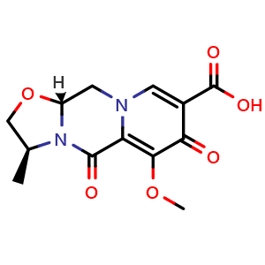 Chemical structure of (3S,11AR)-6-methoxy-3-methyl-5,7-dioxo-2,3,5,7,11,11a-hexahydrooxazolo[3,2-a]pyrido[1,2-d]pyrazine-8-carboxylic acid , CAS 1335210-24-6, AChemBlock AD254561