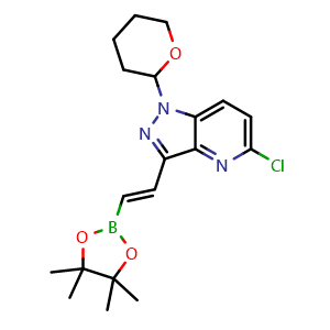 Chemical structure of (E)-5-chloro-1-(tetrahydro-2H-pyran-2-yl)-3-(2-(4,4,5,5-tetramethyl-1,3,2-dioxaborolan-2-yl)vinyl)-1H-pyrazolo[4,3-b]pyridine , AChemBlock AD254595