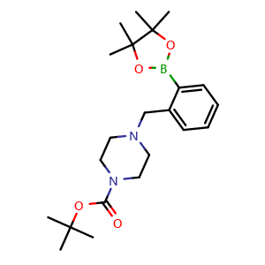 Chemical structure of 1-Piperazinecarboxylic acid, 4-[[2-(4,4,5,5-tetramethyl-1,3,2-dioxaborolan-2-yl)phenyl]methyl]-, 1,1-dimethylethyl ester , CAS 1012785-48-6, AChemBlock AD254621