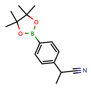 Chemical structure of 2-[4-(4,4,5,5-Tetramethyl-[1,3,2]dioxaborolan-2-yl)-phenyl]-propionitrile , CAS 1015255-36-3, AChemBlock AD254622