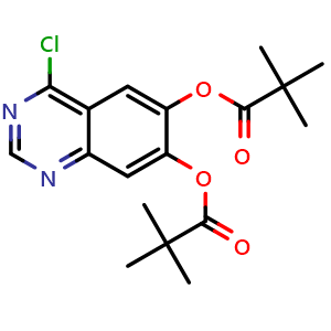 Chemical structure of 2,2-Dimethyl-propionic acid 4-chloro-7-(2,2-Dimethyl-propionyloxy)-quinazolin-6-yl ester , CAS 1145671-34-6, AChemBlock AD254700