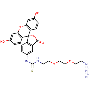 Chemical structure of N-[2-[2-(2-Azidoethoxy)ethoxy]ethyl]-N′-(3′,6′-dihydroxy-3-oxospiro[isobenzofuran-1(3H),9′-[9H]xanthen]-5-yl)thiourea , CAS 1146195-72-3, AChemBlock AD254701