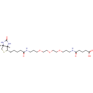 Chemical structure of 10,13,16-Trioxa-6,20-diazapentacosanoic acid, 25-[(3aS,4S,6aR)-hexahydro-2-oxo-1H-thieno[3,4-d]imidazol-4-yl]-5,21-dioxo , CAS 1202761-21-4, AChemBlock AD254746