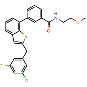 Chemical structure of 3-(2-(3-Chloro-5-fluorobenzyl)benzo[b]thiophen-7-yl)-N-(2-methoxyethyl)benzamide , CAS 1207965-40-9, AChemBlock AD254751