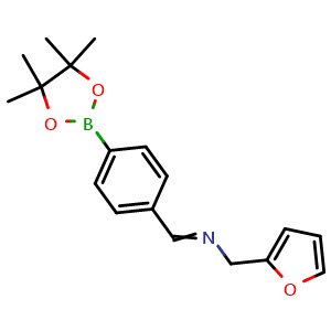 Chemical structure of 1-(Furan-2-yl)-N-(4-(4,4,5,5-tetramethyl-1,3,2-dioxaborolan-2-yl)benzylidene)methanamine , CAS 1218790-46-5, AChemBlock AD254776