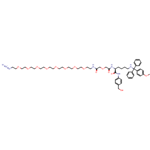Chemical structure of (S)-2-(32-azido-5-oxo-3,9,12,15,18,21,24,27,30-nonaoxa-6-azadotriacontanamido)-N-(4-(hydroxymethyl)phenyl)-6-(((4-methoxyphenyl)diphenylmethyl)amino)hexanamide , CAS 1224601-12-0, AChemBlock AD254794
