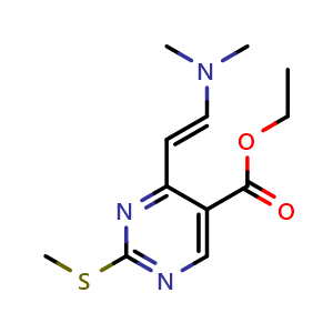 Chemical structure of Ethyl 4-((E)-2-(dimethylamino)vinyl)-2-(methylthio)pyrimidine-5-carboxylate , CAS 1228565-00-1, AChemBlock AD254799