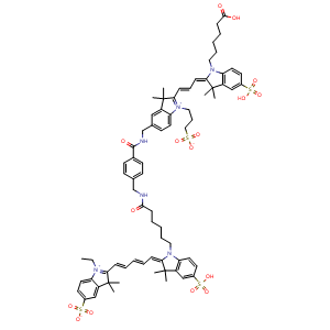 Chemical structure of trihydrogen 1-ethyl-2-[5-[1-(6-{[(4-{[({2-[3-[1-(5-carboxylatopentyl)-3,3-dimethyl-5-(oxidodioxo-λ6-sulfanyl)-2,3-dihydro-1H-indol-2-ylidene]prop-1-enyl]-3,3-dimethyl-1-[3-(oxidodioxo-λ6-sulfanyl)pr opyl]-3H-indol-1-ium-5-yl}methyl)amino]carbonyl}p.. , CAS 1246943-88-3, AChemBlock AD254817