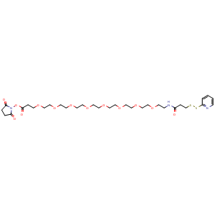 Chemical structure of Propanoic acid, 3-[[25-oxo-27-(2-pyridinyldithio)-3,6,9,12,15,18,21-heptaoxa-24-azaheptacos-1-yl]oxy]-, 2,5-dioxo-1-pyrrolidinyl ester , CAS 1252257-56-9, AChemBlock AD254821