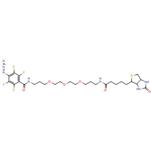 Chemical structure of Biotin-triethylenglycol-(p-azido-tetrafluorobenzamide) , CAS 1264662-85-2, AChemBlock AD254858