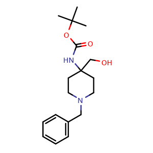 Chemical structure of tert-Butyl (1-benzyl-4-(hydroxymethyl)piperidin-4-yl)carbamate , CAS 1279815-88-1, AChemBlock AD254864