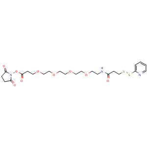 Chemical structure of N-[3-(o-Pyridyldisulfido)propanoyl]-15-amino-4,7,10,13-tetraoxa-pentadecanoyl succinimidyl ester , CAS 1334177-95-5, AChemBlock AD254915