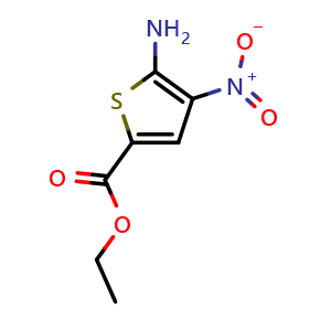 Chemical structure of 2-Thiophenecarboxylic acid, 5-amino-4-nitro- ethyl ester , CAS 1348114-42-0, AChemBlock AD254931