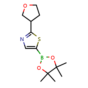 Chemical structure of 2-(Tetrahydrofuran-3-yl)thiazole-5-boronic acid pinacol ester , CAS 1356469-05-0, AChemBlock AD254944