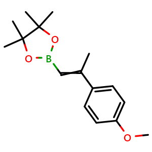 Chemical structure of 2-[2-(4-methoxyphenyl)prop-1-en-1-yl]-4,4,5,5-tetramethyl-1,3,2-dioxaborolane , CAS 1398771-24-8, AChemBlock AD254985