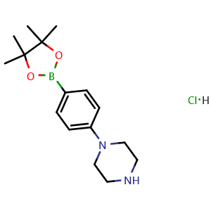 Chemical structure of 1-(4-(4,4,5,5-Tetramethyl-1,3,2-dioxaborolan-2-yl)phenyl)piperazine hydrochloride , CAS 1415794-62-5, AChemBlock AD255002
