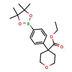 Chemical structure of Ethyl 4-(4-(4,4,5,5-tetramethyl-1,3,2-dioxaborolan-2-yl)phenyl)tetrahydro-2H-pyran-4-carboxylate , CAS 1423702-59-3, AChemBlock AD255021